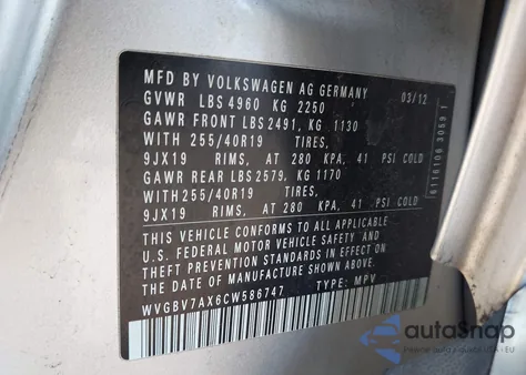 2012 Volkswagen Tiguan Sel z USA, uszkodzony, nr VIN WVGBV7AX6CW586747